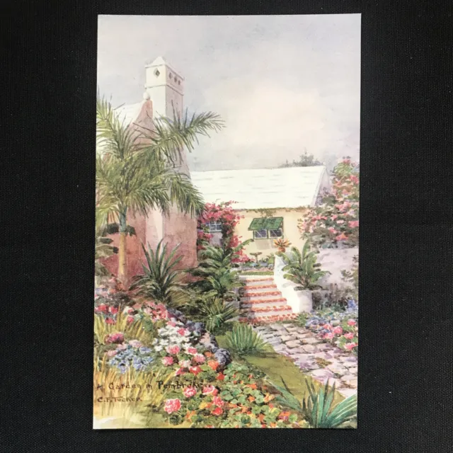 Postcard ? A garden in Pembroke Bermuda artist signed CF tucker