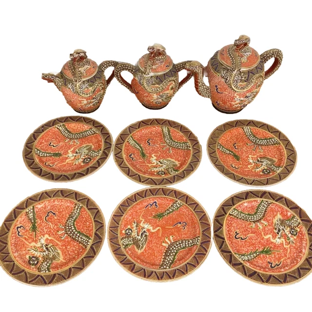 JAPANESE ORANGE PORCELAIN Moriage Dragonteapot, Milk Jug, Sugar Bowl