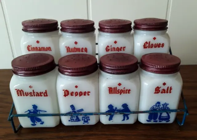 Vintage Set Of 8 Hazel Atlas Milk Glass Dutch Spice Jars And Wired Stand