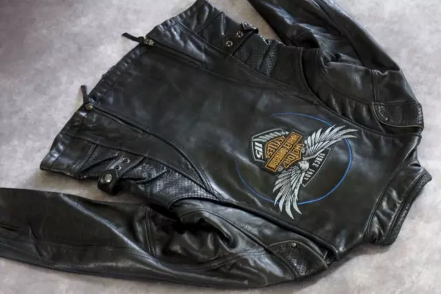 HARLEY DAVIDSON WOMEN 115th Anniversary Black Leather Biker Jacket XL ...