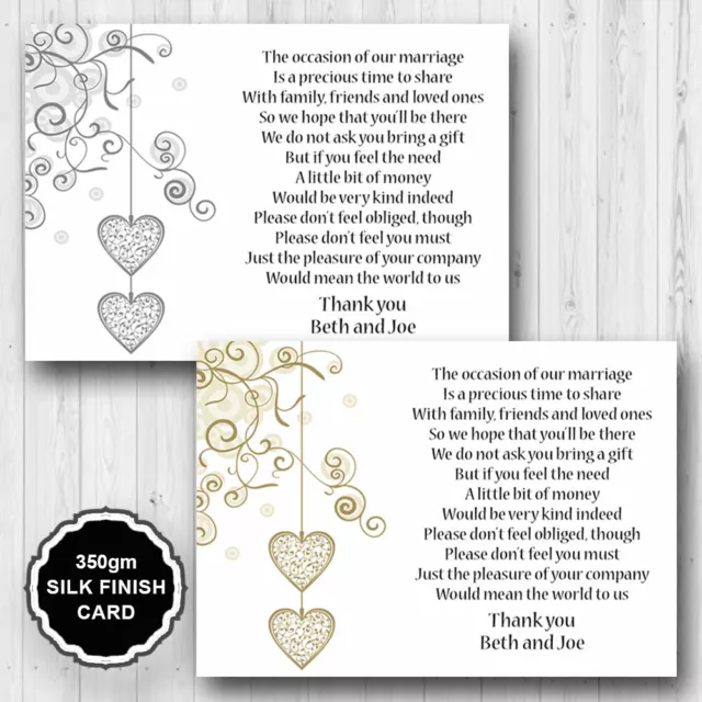 10 Personalised Wedding Honeymoon Gift Money Poem Cards Honeymoon Wish Inserts