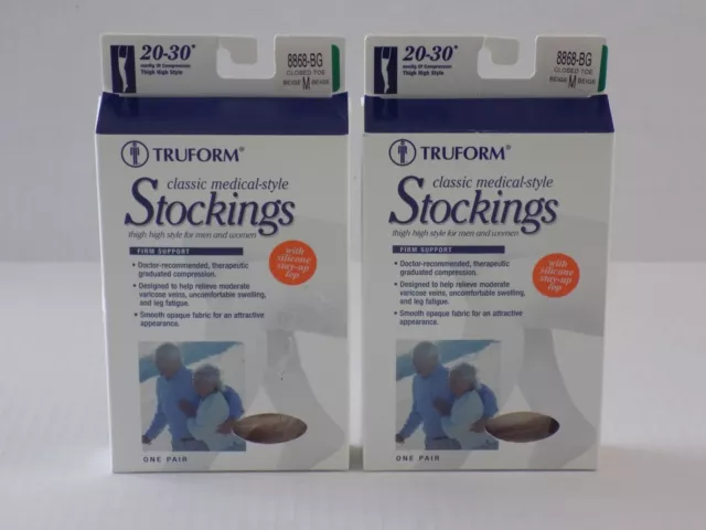 2 Truform 20-30 mmHg MEDIUM Stockings 8868-BG Thigh High Style Closed Toe Beige