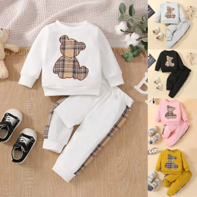 Newborn Baby Boys Girls Bear Sweatshirt Tops Pants Kids Clothes Outfit Set 0-24M