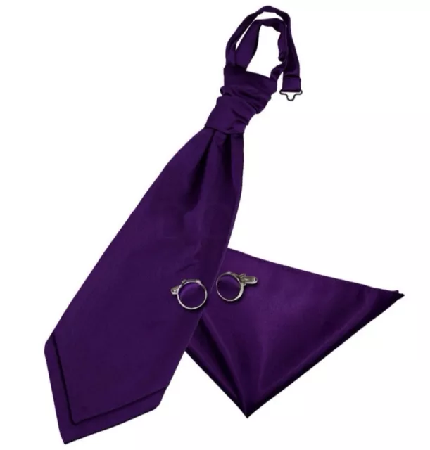 Mens Cadbury Purple Satin Pre-Tied Wedding Cravat, Pocket Square, Cuff Links Set