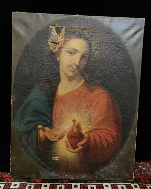 Antico Dipinto Quadro Olio Su Tela Sacro Cuore Gesù arte Sacra 1800 XIX Sec
