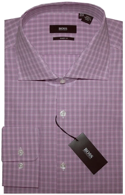 Hugo Boss Dress Shirt Fuschia Plaid Slim Sharp Fit Cutaway Collar 17 32/33 New