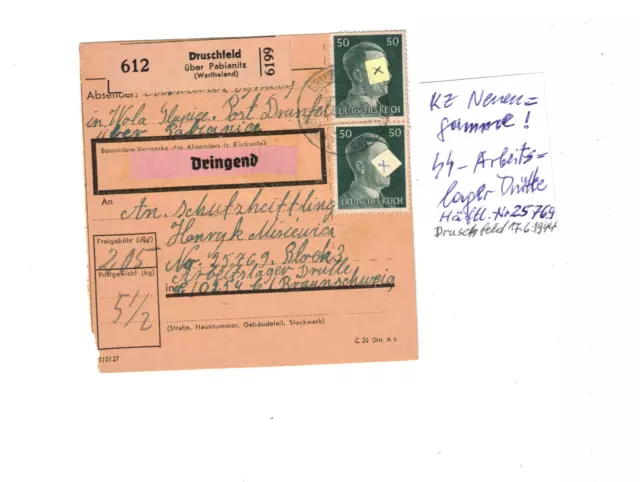 8W Druschfeld 1944 Pabianice Paketkarte Konzentrationslager Neuengamme KZ Drütte