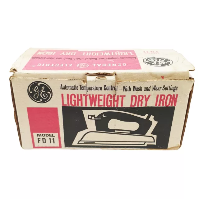 GE Vintage Lightweight Dry Iron Flat FD11 Tested Working In Box Instructions