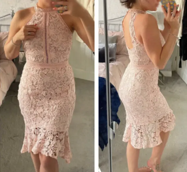 Lipsy Pink Nude Lace Bodycon Dress 12 Halter Midi Party  Occasion Wedding Summer