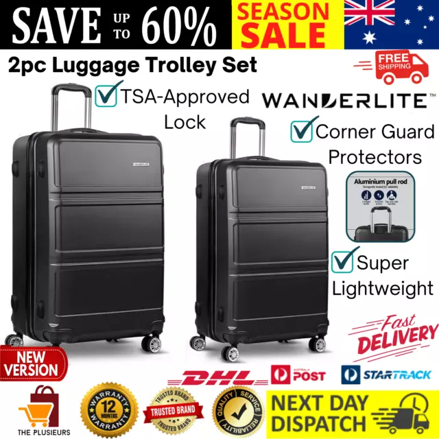 Wanderlite Luggage Sets Suitcase 2pc Black Trolley Set TSA Hard Case Lightweight