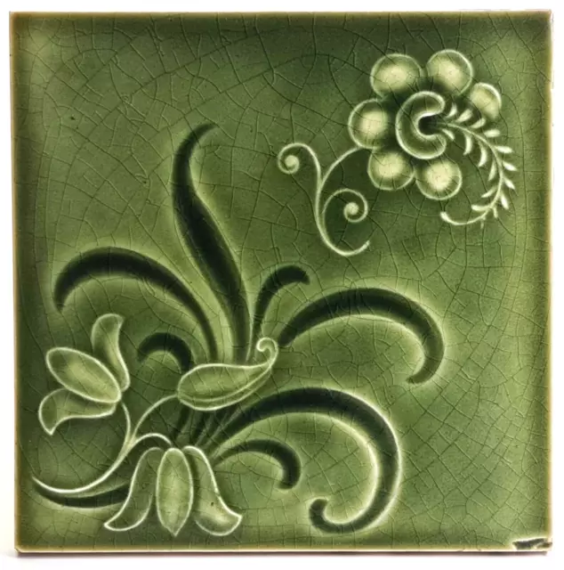 Art Nouveau Fireplace Majolica Tile Green Floral Design Henry Richards 1905