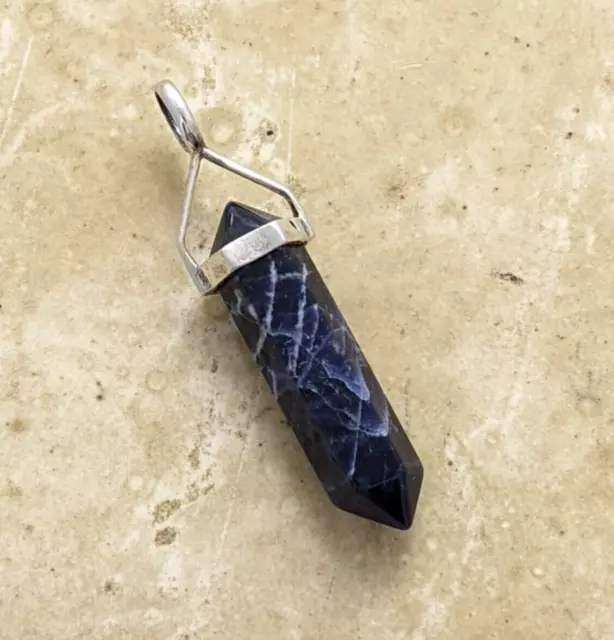 Sodalite Double Terminated Crystal Point Pendant 925 Sterling Silver Hallmark