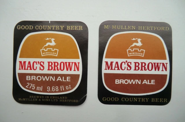 PAIR OF MINT McMULLEN HERTFORD BROWN ALE BREWERY BEER BOTTLE LABELS