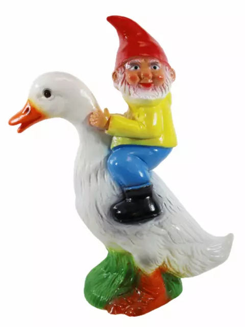 Gartenzwerg Deko Garten Figur Zwerg sitzend auf Ente aus Kunststoff H 39 cm