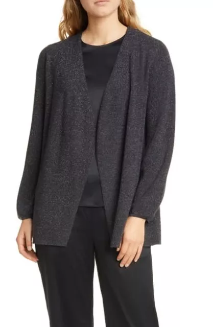 Eileen Fisher Charcoal Grey Metallic Wool Blend Open Cardigan Sweater NEW $328