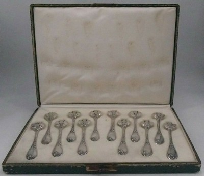 PUIFORCAT RARE 12 FOURCHETTES A HUITRES ARGENT MINERVE AVEC COFFRET ART NOUVEAU 