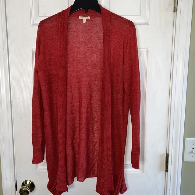 Women Sz Medium Eileen Fisher Sweater Dark Coral Red Open Front Cardigan Sweater