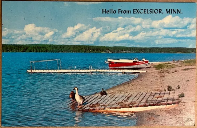 Excelsior Minnesota Lake View Old Motor Boat Vintage Chrome Postcard c1950