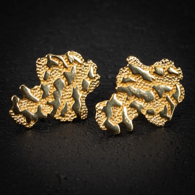 Men's Hip Hop Large 14K Gold Plated 925 Sterling Screw Back Nugget Stud Earrings Men's Hip Hop Large 14K Gold Plated 925 Sterling Screw Back Nugget Stud Earrings