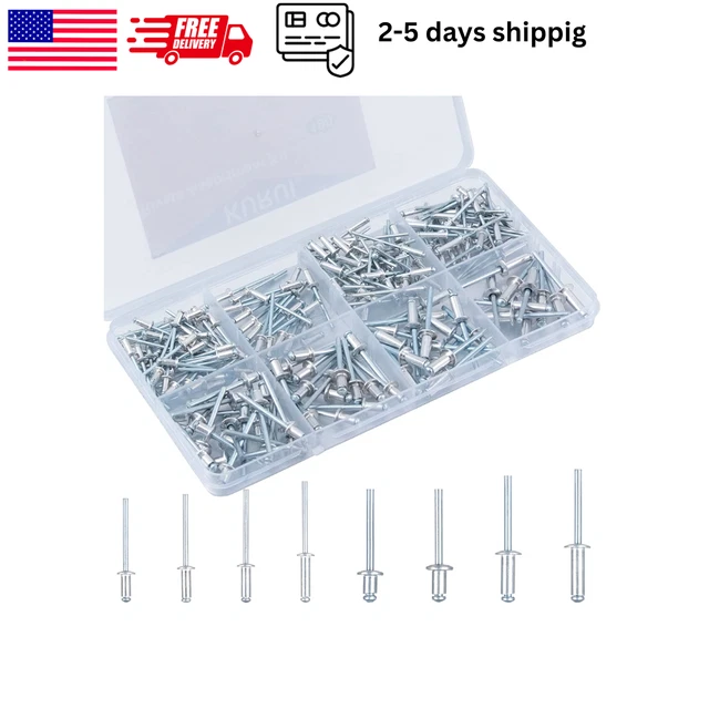Pop Rivets Assortment Kit 190PCs Aluminum Rivets Set In 8 Sizes Blind For Metal
