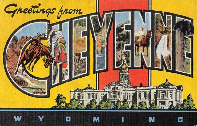 Wyoming CHEYENNE Large Letter Greetings Indian c1940s Linen Vintage Postcard