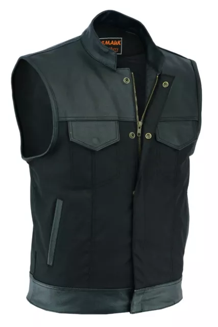 Men Codura With Trim Real Leather Son Of Anarchy Motorcycle Waistcoat - Black