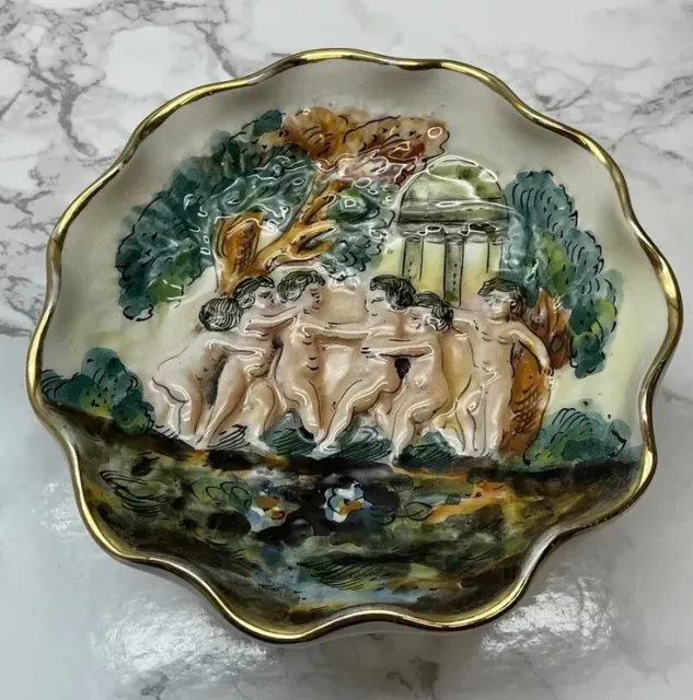 Vintage Capodimonte Small Footed Dish with 3D Hand Painted Cherubs.