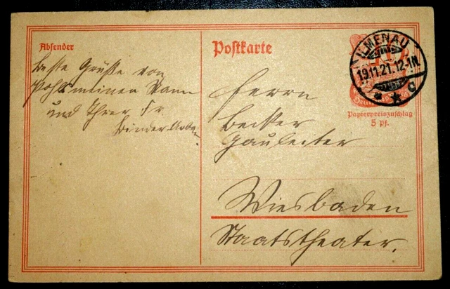 Ganzsache P141 Deutsches Reich aus Ilmenau aus Wiesbaden aus 1921