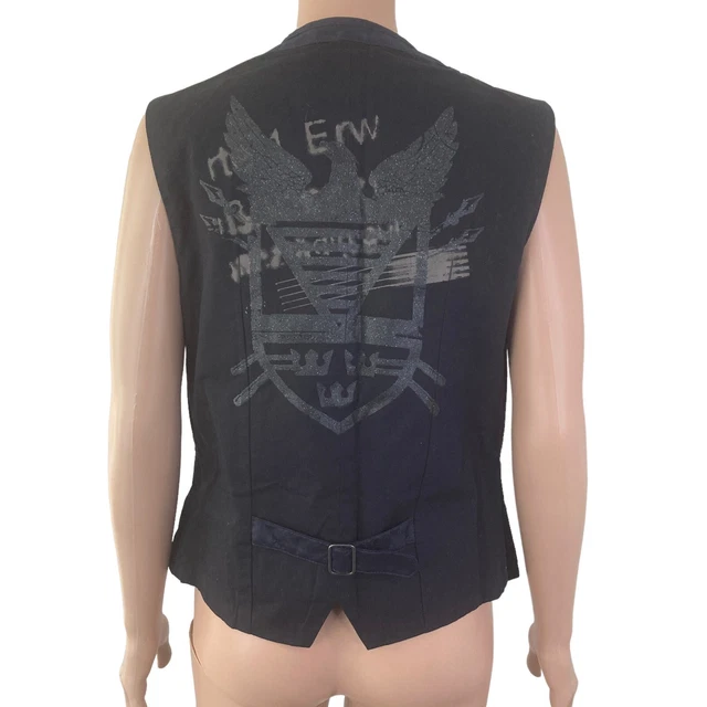 Vintage 90s Guess Vest Medium Black Crushed Velvet 5 button Graphic Back Rare