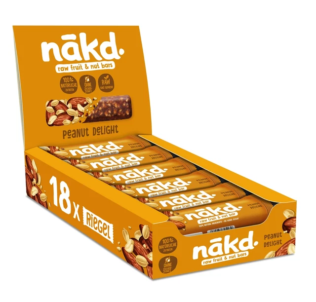 Barra di noci Nakd Peanut Delight frutteto senza zucchero 18 x 35 g NUOVO MHD 7/23