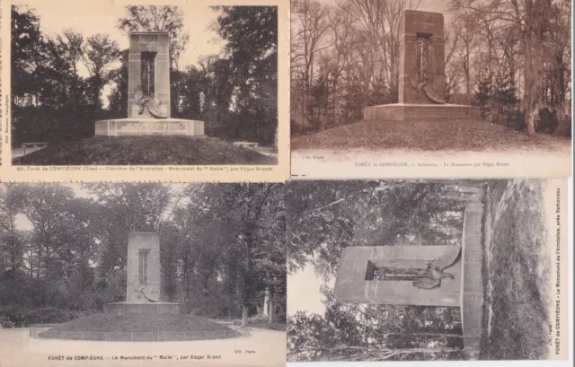 Lot 4 cartes postales anciennes COMPIEGNE forêt monument du matin de l'armistice