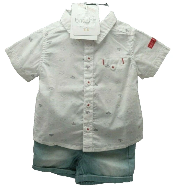 Ensemble Bébé Garçon Brioche 2 Pièces - Chemise Bateaux + Short Bleu - Taille 1-2 Mois - Neuf Avec étiquette