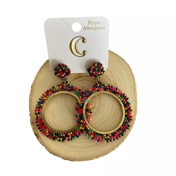 Charming Charlie Gold tone Multicolor Beaded Hoop Earrings Hypoallergenic 2.5"