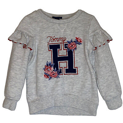 Tommy Hilfiger Girls Logo Crewneck Sweatshirt Floral Ruffe Sleeve Gray Sz 4 XS