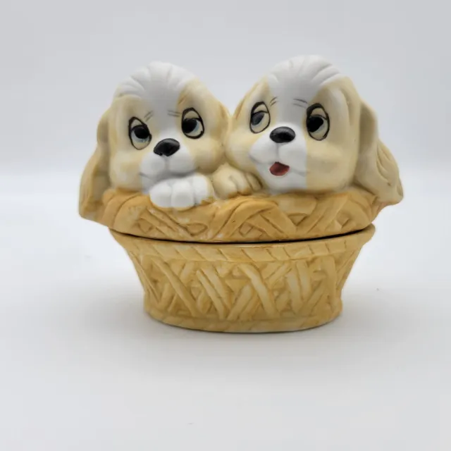Vintage Puppies in Basket Trinket Dish White Brown Ceramic 3.5" Dogs Puppy