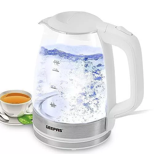 Geepas Cordless Electric 1.7L Blue LED Illuminating Jug Glass Kettle 2200W