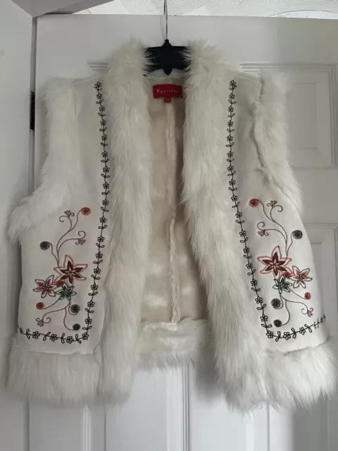 parisian faux suede fur ivory embroidered gilet waistcoat sz 14 boho Festival Ex