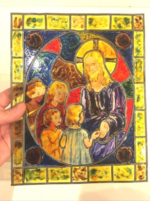 Stained Glass Window Jesus Children Antique Church Salvage Hand Painted 8"x10" 2