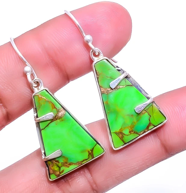 Copper Green Turquoise - Arizona Gemstone 925 Sterling Silver Earring 1.56" A334