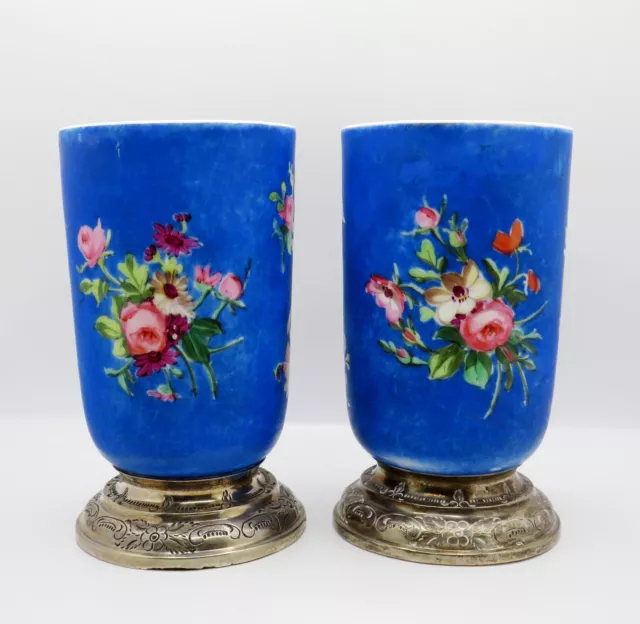 Pair Antique Early 20th Century Dutch Porcelain Vases On Silver Mounted Bases