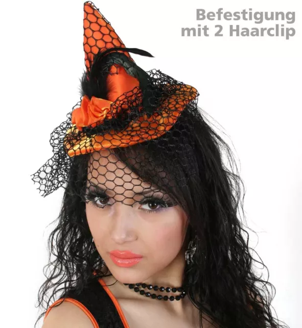 Hexenhut orange mit Schleier Haarclip Fascinator Hexe Hut Halloween 123860513