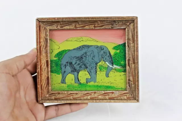 Reverso Cristal Pintura: Indio Miniatura Arte Elefante Paisaje Madera Enmarcado