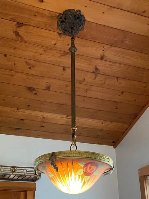Antique French Art Nouveau Deco Reverse Painted Glass Shade Chandelier Fixture Antique French Art Nouveau Deco Reverse Painted Glass Shade Chandelier Fixture