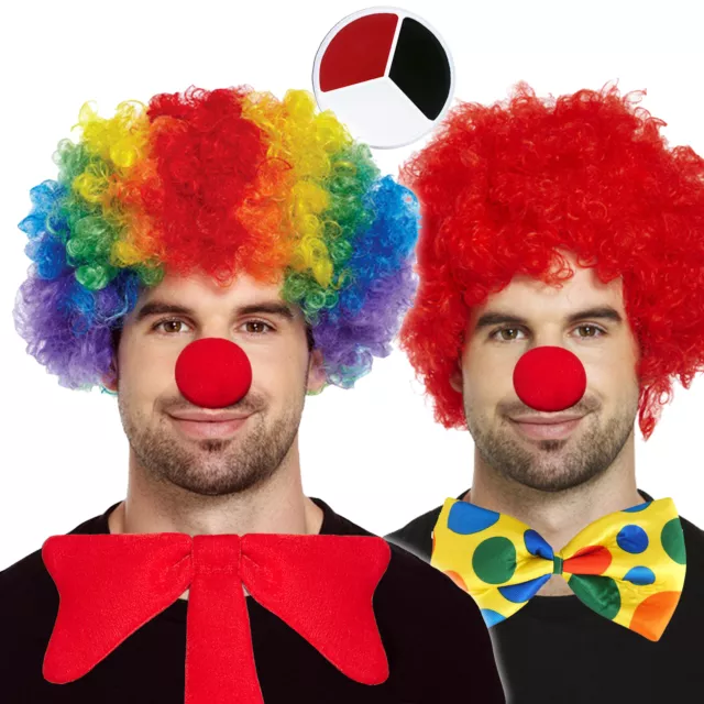 Clown Afro & Facepaint Costume: Wig Red Nose Bow Tie Rainbow Red Fancy Dress