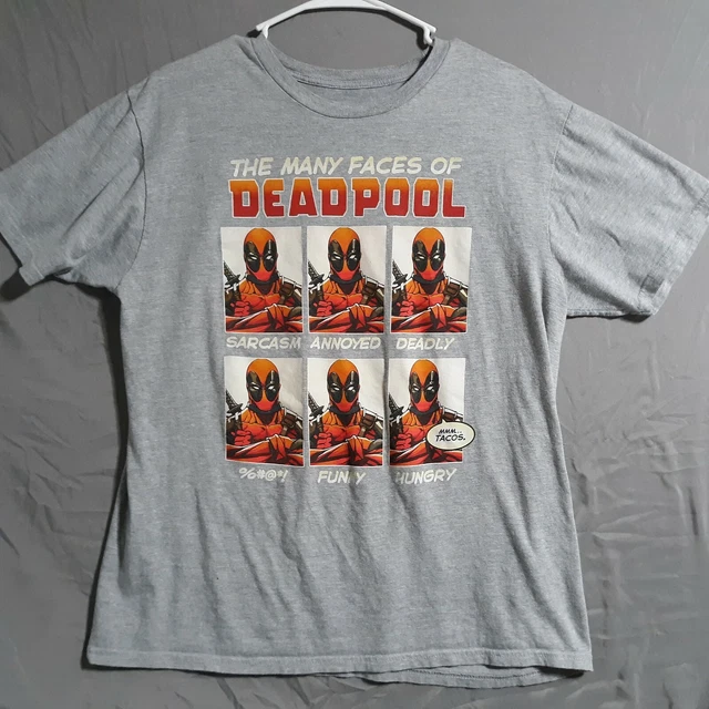 Deadpool Faces Marvel mens T Shirt Grey L Large Comic Graphic tee mad engine