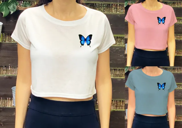 T-Shirt Estiva Divertente Stampa Farfalla Blu Trendy Top Elegante Bambini Ragazze Crop Top