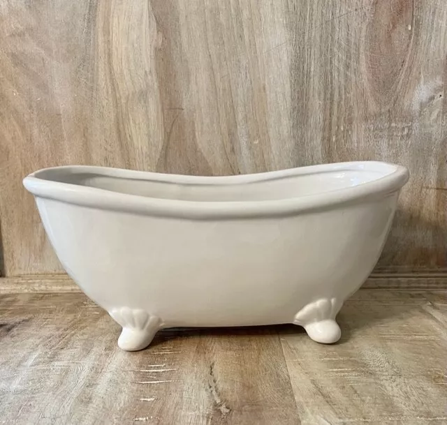 New French Country WHITE CERAMIC CLAWFOOT VINTAGE BATH TUB Soap Holder Planter