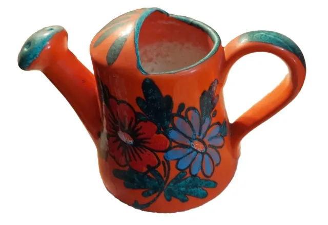 Vtg MCM Italian Pottery Ceramic Watering Can Hand Painted Vase Orange Florals