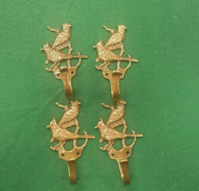 4 BIRD CARDINAL BLUE JAY (?)SOLID BRASS COAT HOOKS figure with brass screws (B2)