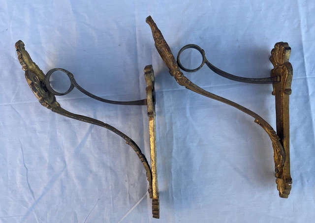 Antique French Victorian Gilded Brass Fancy Rococo Curtain Rod Holders 10 1/4” 5